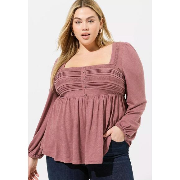 torrid Tops - Torrid Womens Plus 1X Mauve Pink Lace Trim Pintuck Babydoll Top Long Puff Sleeve